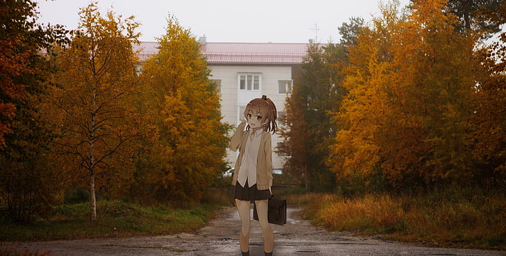 anime, city, 2D, irl, tree, autumn, plant, one person, change