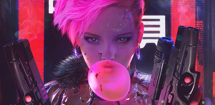 pink haired woman holding pistol wallpaper, face, fantasy art