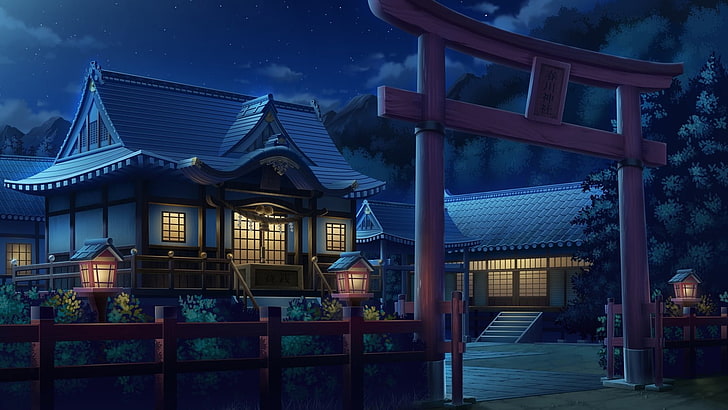 gray house illustration, anime, torii, artwork, lantern, fence