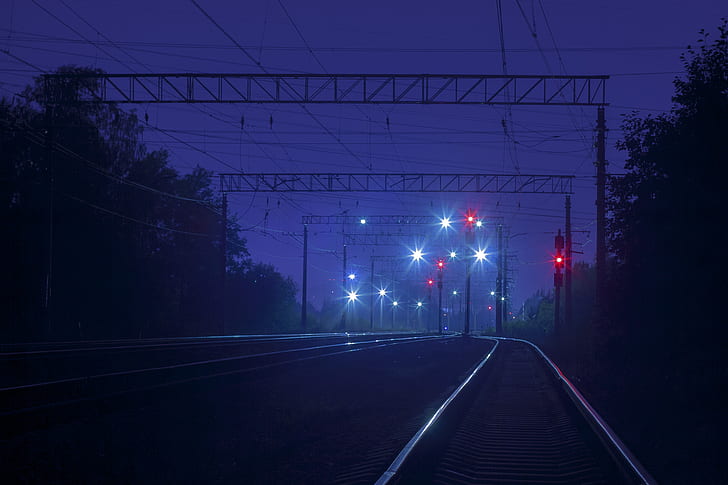 power lines, night, traffic lights, railway, blue, HD wallpaper