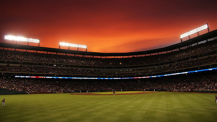 stadium, baseball, sunset