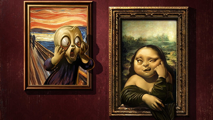 Mona Lisa, painting, screaming, wall, artwork, picture frames, HD wallpaper