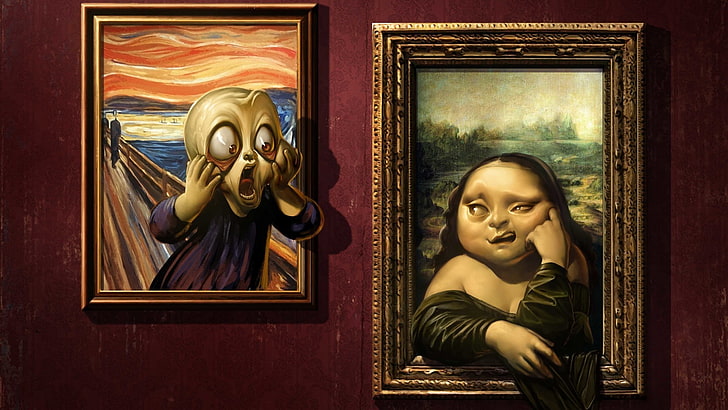 two abstract paintings, artwork, humor, Leonardo da Vinci, screaming