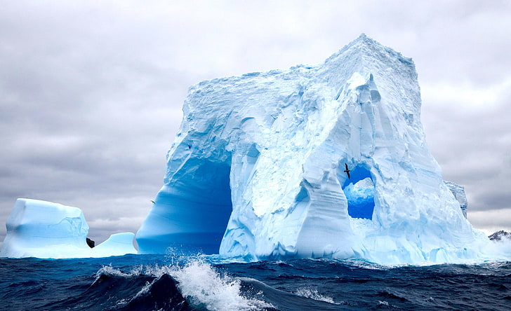 iceberg, sea, winter, mountains, white, water, cyan, waves, HD wallpaper