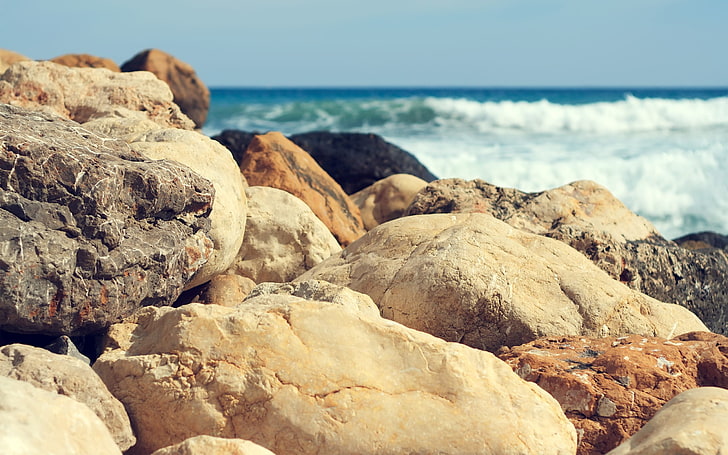 brown rocks, nature, coast, sea, stones, beach, land, beauty in nature, HD wallpaper