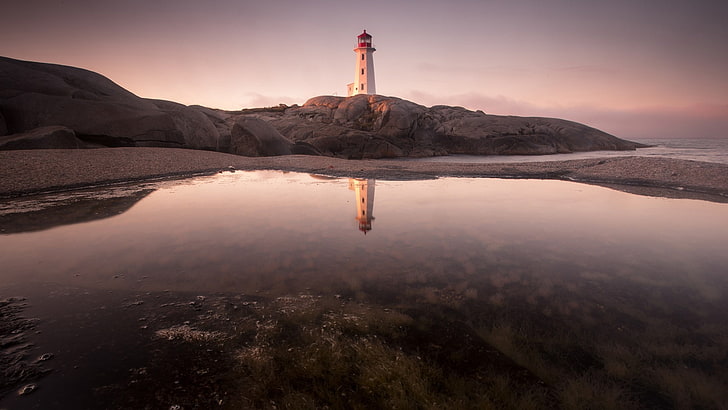 lighthouse, water, reflection, sky, land, landscape, environment, HD wallpaper