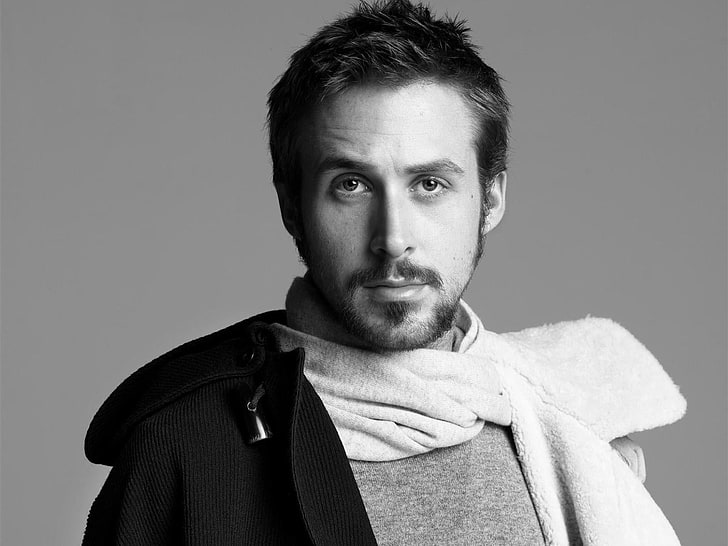 Ryan Gosling, actor, scarf, brunet, beard, black white, men, people