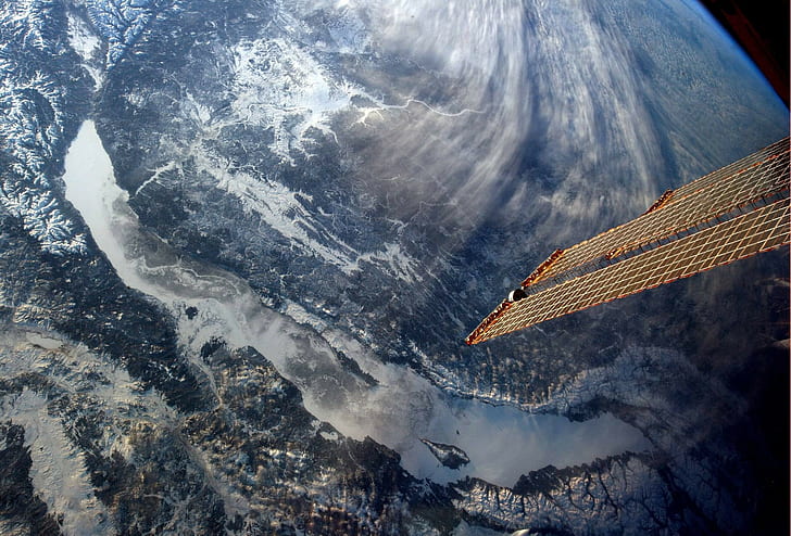 orbital view, space, lake, satellite, baikal, planet, snow, HD wallpaper