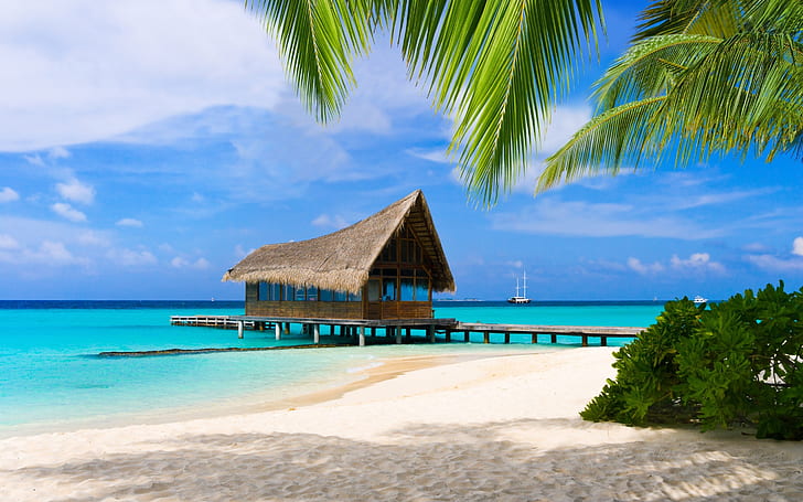 Bungalow in Maldives, beach, exotic, gorgeous, HD wallpaper