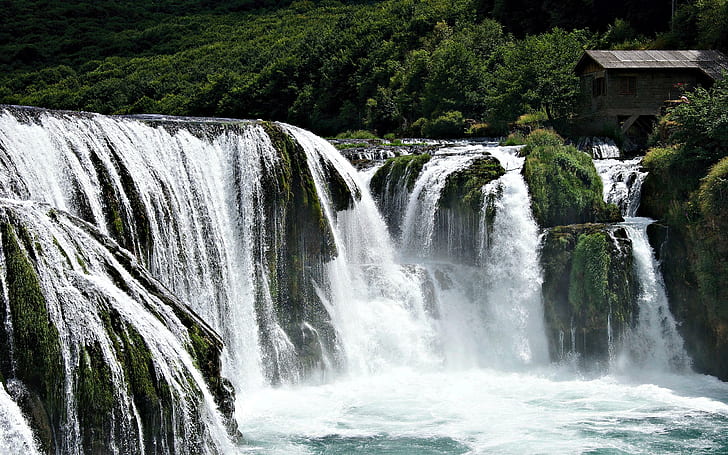 The Green Waterfall, waterfalls, mill, hillside, nature, beautiful, HD wallpaper