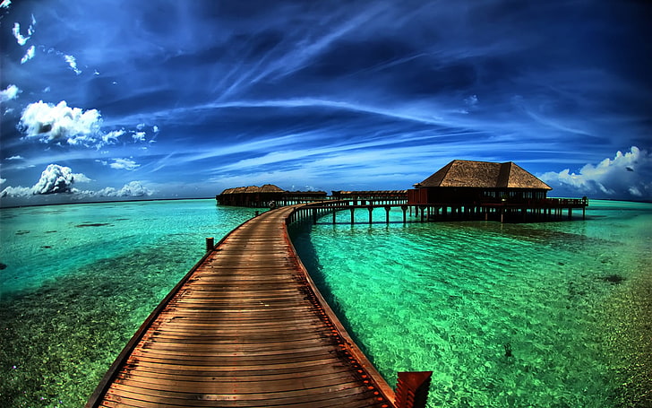 cabin, sea, water, bridge, dock, relaxing, landscape, HDR, clouds, HD wallpaper