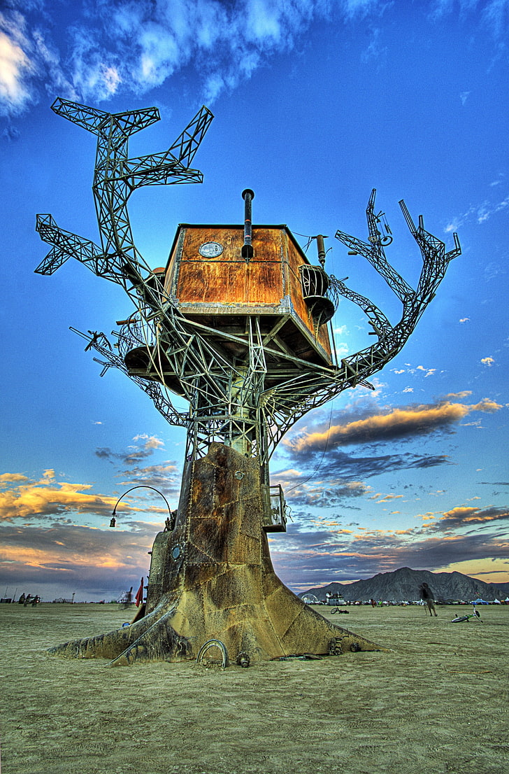 brown tree house illustration, steampunk, metal, Burning Man