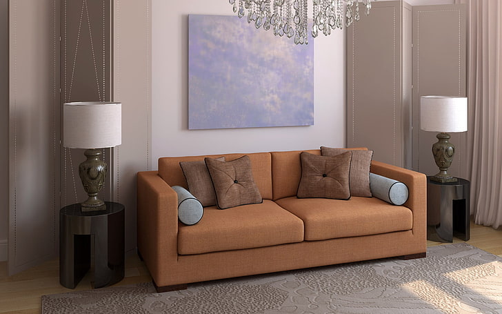 brown leather 2-cushion sofa, design, interior design, apartment, HD wallpaper