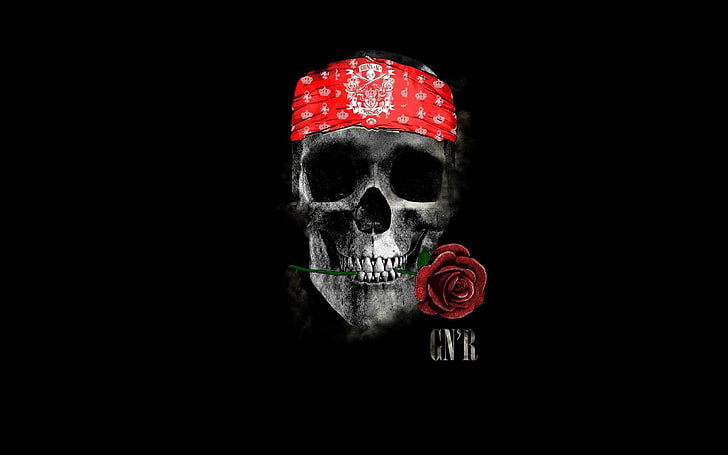 gun n roses, skull, artist, digital art, hd, black background, HD wallpaper