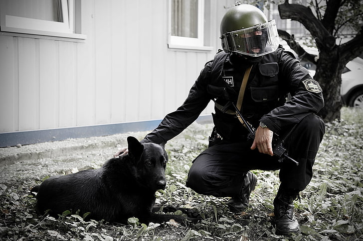 men's black leather jacket, dog, mask, soldiers, helmet, special forces