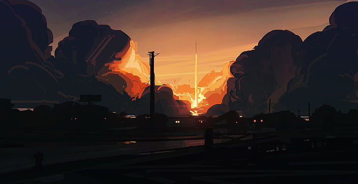 Bastien Grivet, digital art, sunset, rocket, clouds, smoke, HD wallpaper