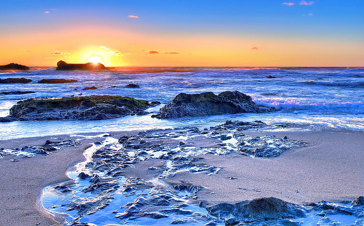 blue body of water, nature, sunlight, sea, beach, sunset, cyan