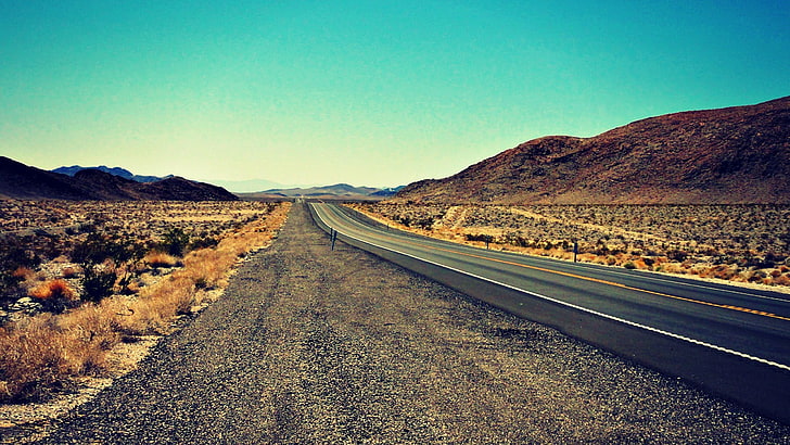 brown grass, landscape, road, desert, hills, long road, sky, transportation, HD wallpaper