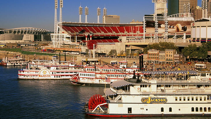 Cincinnati marina, assorted vintage ferry boats, world, 1920x1080