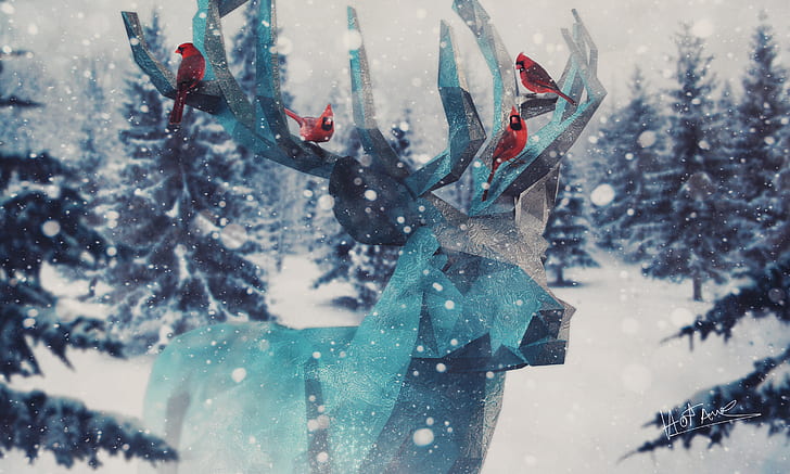 snow, deer, designer, HD wallpaper