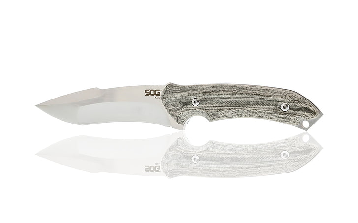 white and gray pocket knife, SOG Specialty Knives, white background