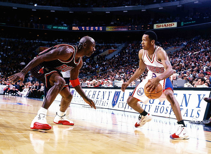 Michael Jordan, NBA, basketball, Allen Iverson, competition, HD wallpaper