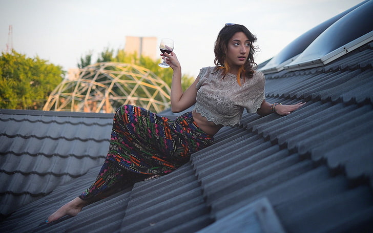 rooftops, women, wine, model, barefoot, sitting, one person