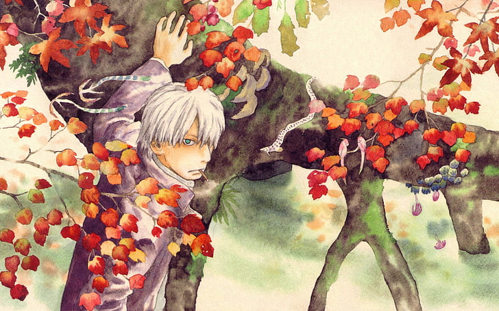 man wearing gray shirt beside tree painting, Mushishi, anime