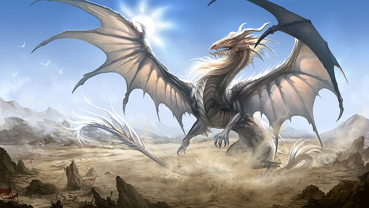 gray dragon illustration, fantasy art, animal wildlife, animal themes, HD wallpaper