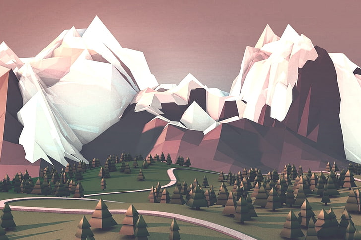 white and brown mountain illustration, mountains, low poly, digital art, HD wallpaper