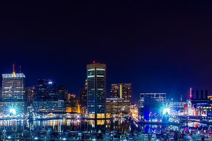 cityscape, Baltimore, night, city lights