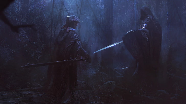 two knights surrounded by trees digital wallpaper, artwork, fantasy art