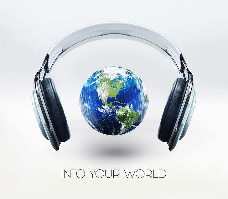 space, planet, Earth, headphones, text, white background, globe - man made object