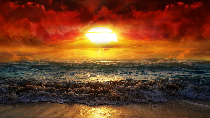 body of water, nature, sea, waves, coast, Sun, beach, atomic bomb, HD wallpaper