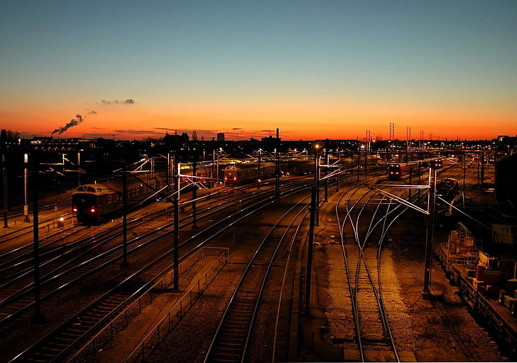 train, railway, terminals, power lines, sunrise, horizon, train station, HD wallpaper