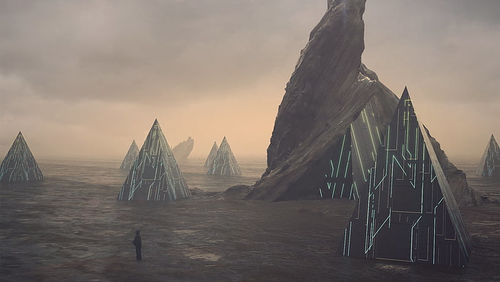 gray stone structure, landscape, science fiction, futuristic