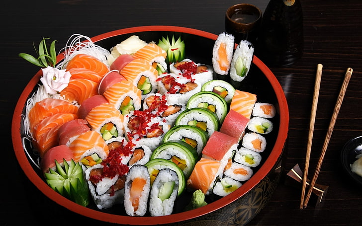 California Maki, sushi, rolls, meat, fish, plate, platter, food, HD wallpaper