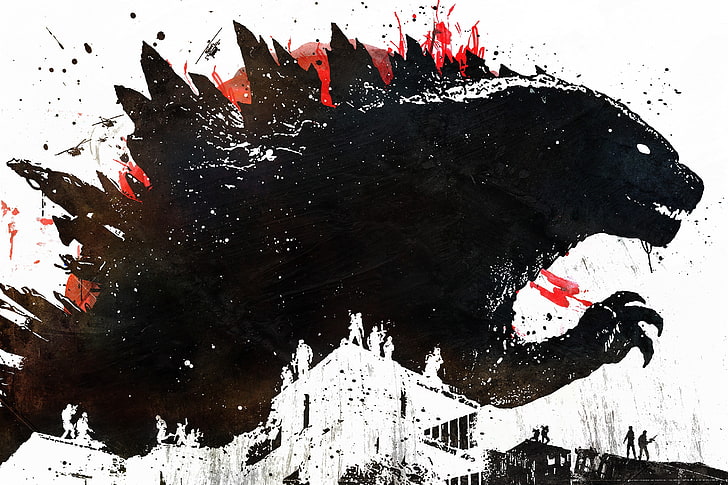 black dinosaur illustration, Godzilla, Alex Cherry, artwork, paint splatter, HD wallpaper