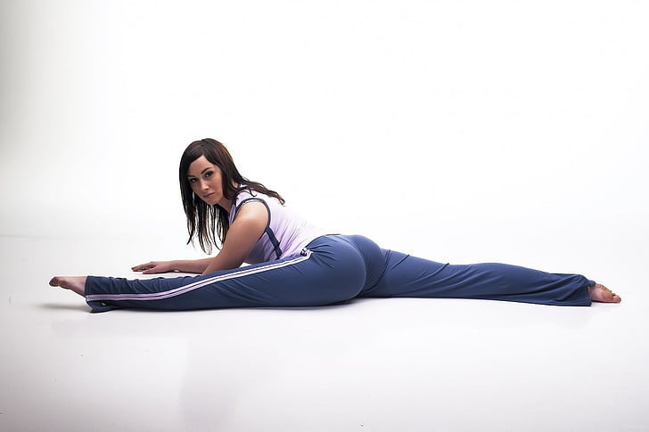 women's blue track pants and white tank top, girl, twine, stretching, HD wallpaper