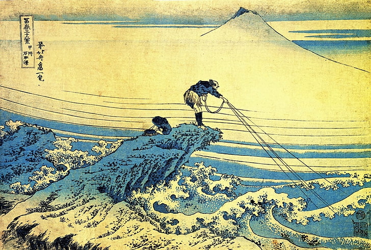 blue and white floral textile, Hokusai, Mount Fuji, Japan, snow, HD wallpaper