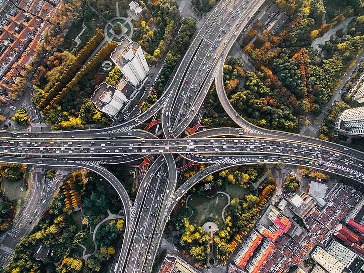gray concrete bridges, crossroads, top view, traffic, shanghai, HD wallpaper