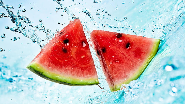 two watermelons, food, splashes, fruit, healthy eating, slice, HD wallpaper
