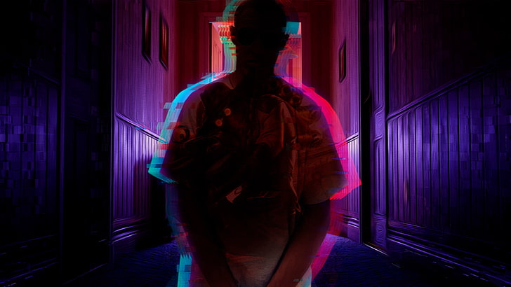 neon lights, standing, indoors, one person, illuminated, rear view