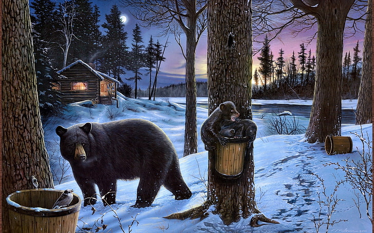 bears, winter, trees, snow, artwork, cold temperature, mammal