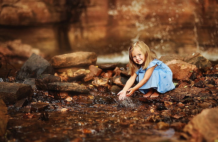 water drops, children, little girl, outdoors, smiling, childhood, HD wallpaper
