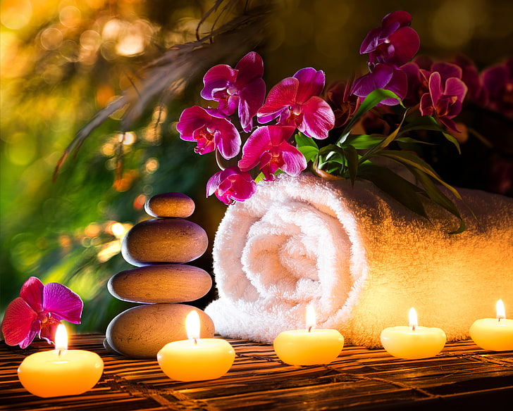 gray cairn stone, flowers, towel, candles, orchids, Spa stones, HD wallpaper