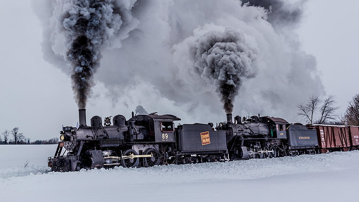 smoke, steam, snow, rail transport, winter, train, locomotive, HD wallpaper