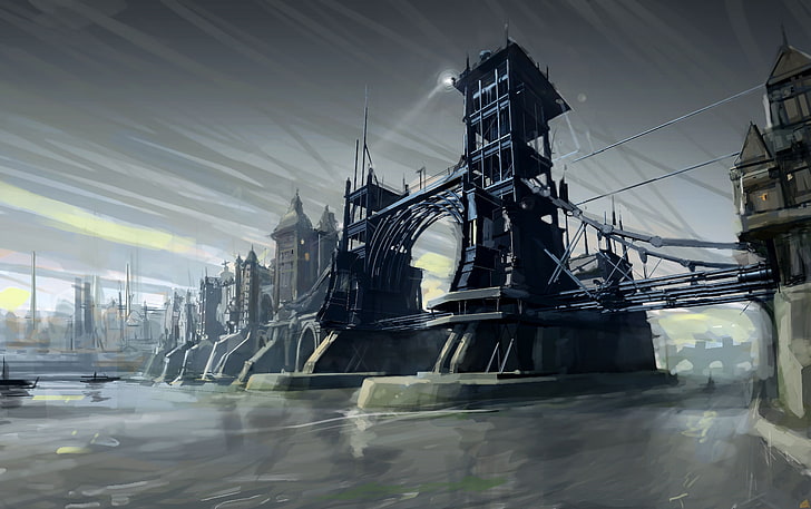 gray bridge wallpaper, video games, artwork, Dishonored, architecture