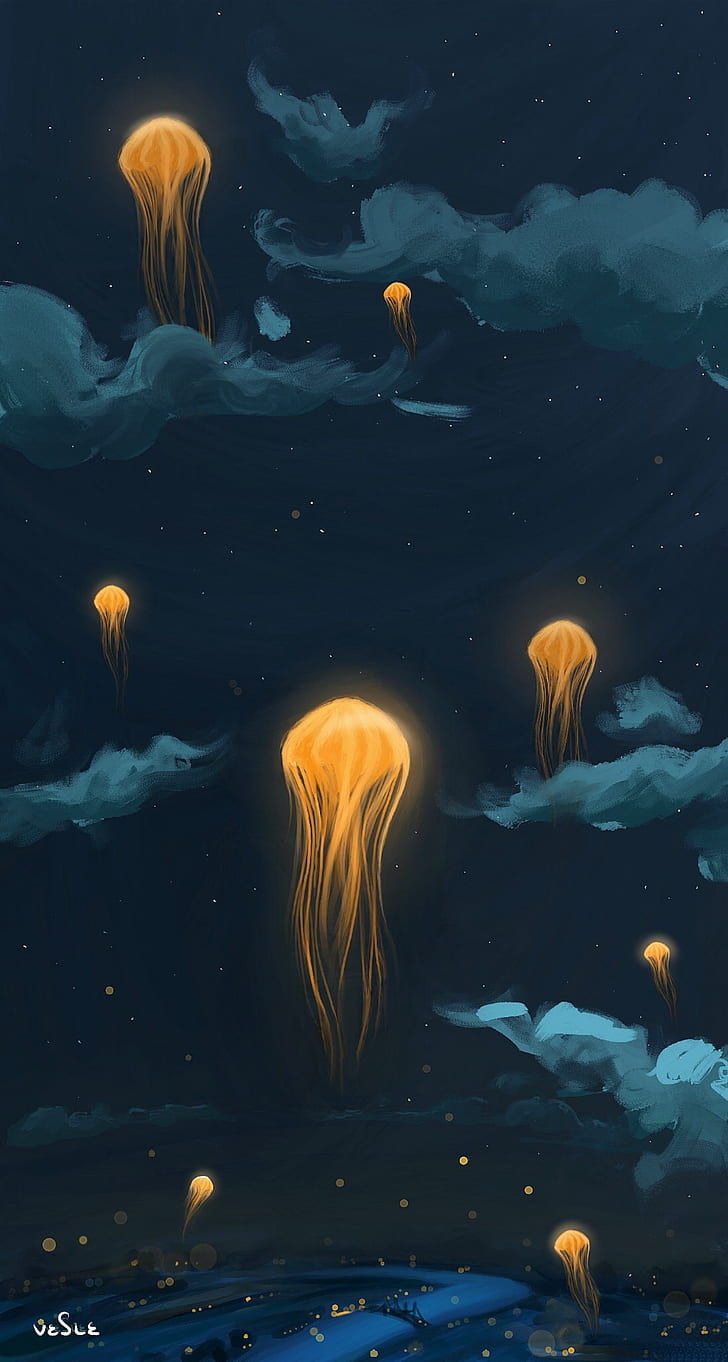 jellyfish, lanterns, night, art, sky, fantastic, HD wallpaper