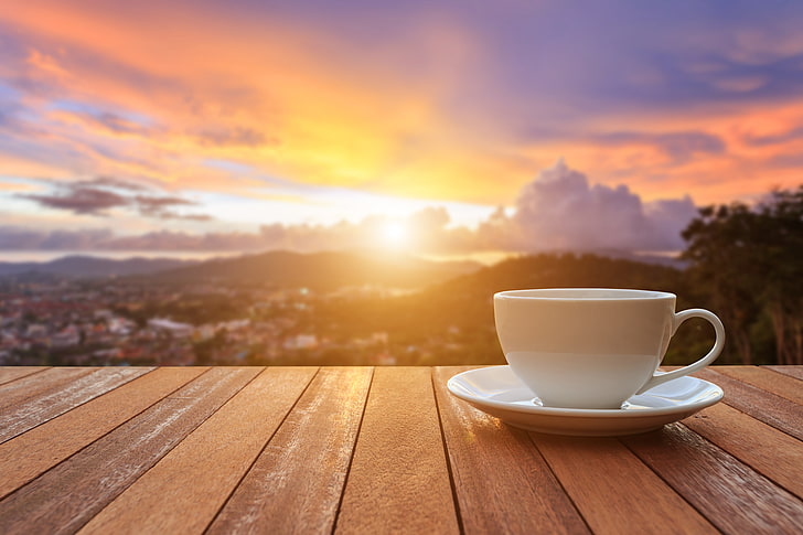 white cup and saucer, sunrise, coffee, morning, veranda, good morning, HD wallpaper